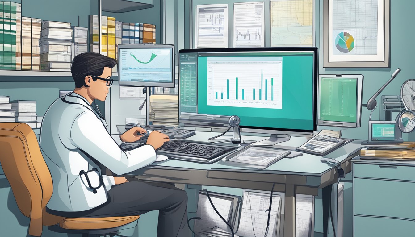 A doctor reviewing medical records on a computer, surrounded by medical equipment and charts