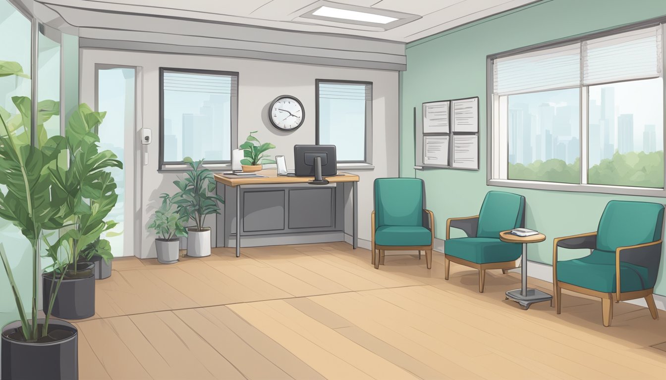 A doctor's office with a desk, computer, and waiting area. A sign on the wall reads "Customer Reviews THIS Quarterly - Medical Concierge SG Review."