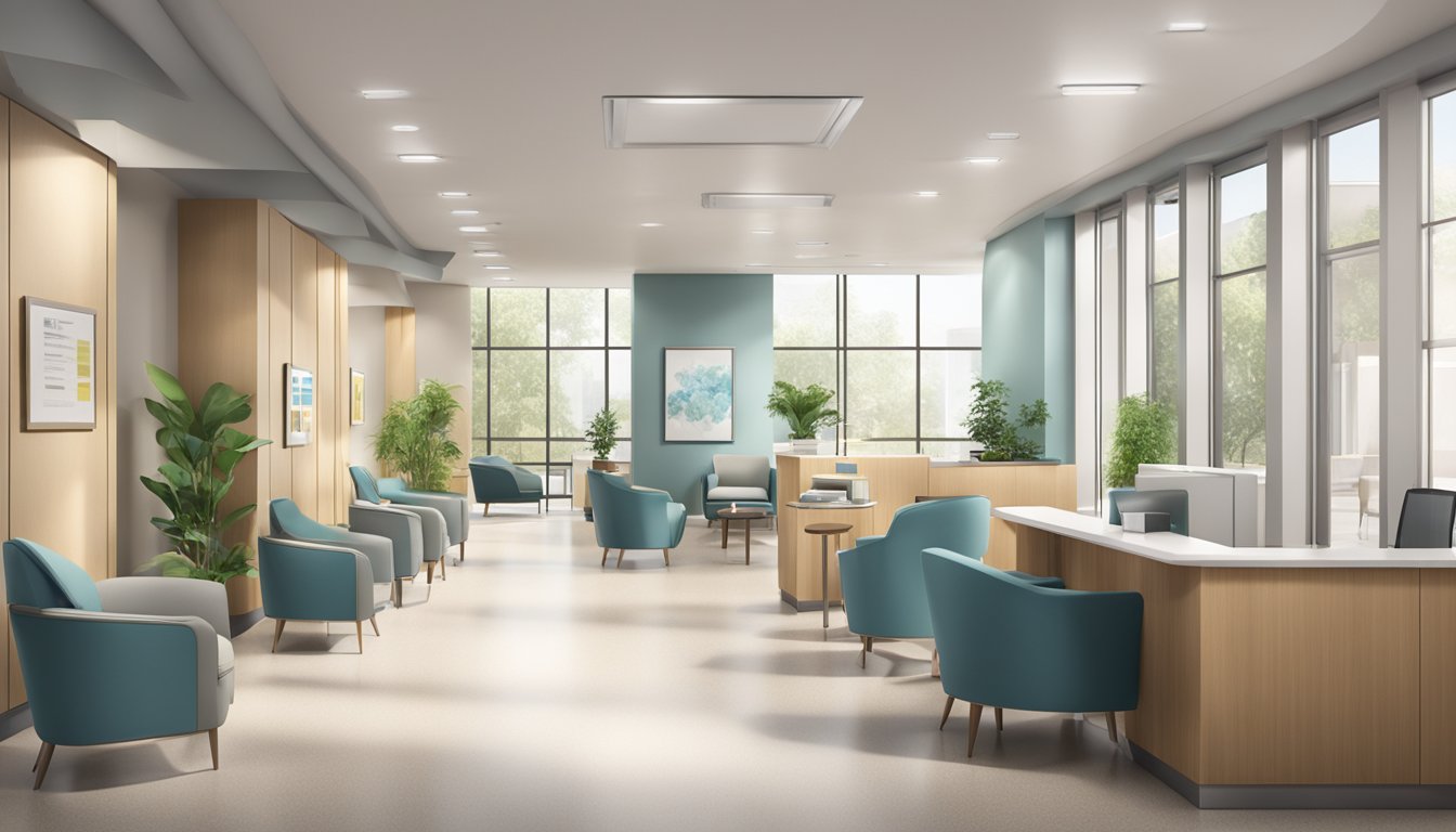 A modern medical concierge office with sleek furniture and a reception desk. The walls are adorned with informational posters and the room is filled with natural light