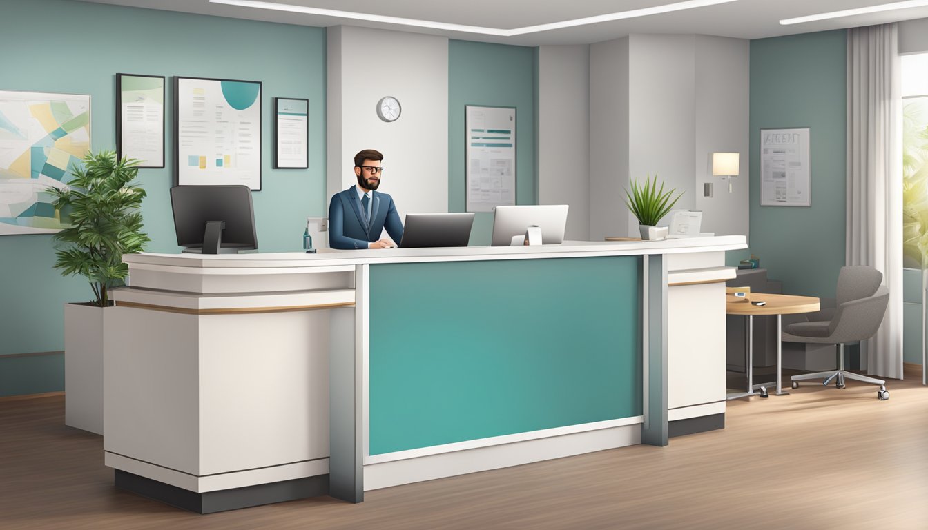 A modern medical concierge desk with a friendly receptionist, computer, and comfortable waiting area
