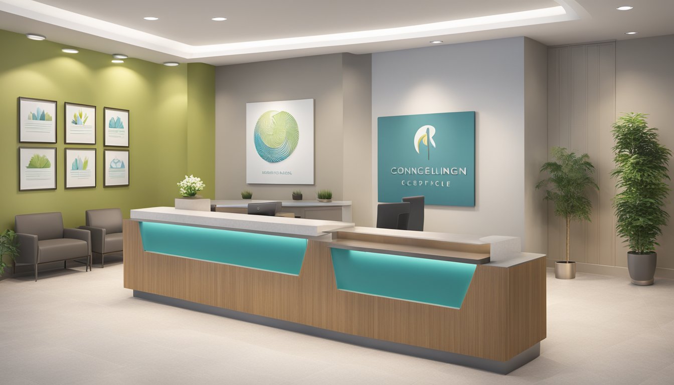 A modern medical concierge office with sleek furniture, a welcoming reception area, and a calming color scheme. The space is filled with natural light and features a prominent logo on the wall