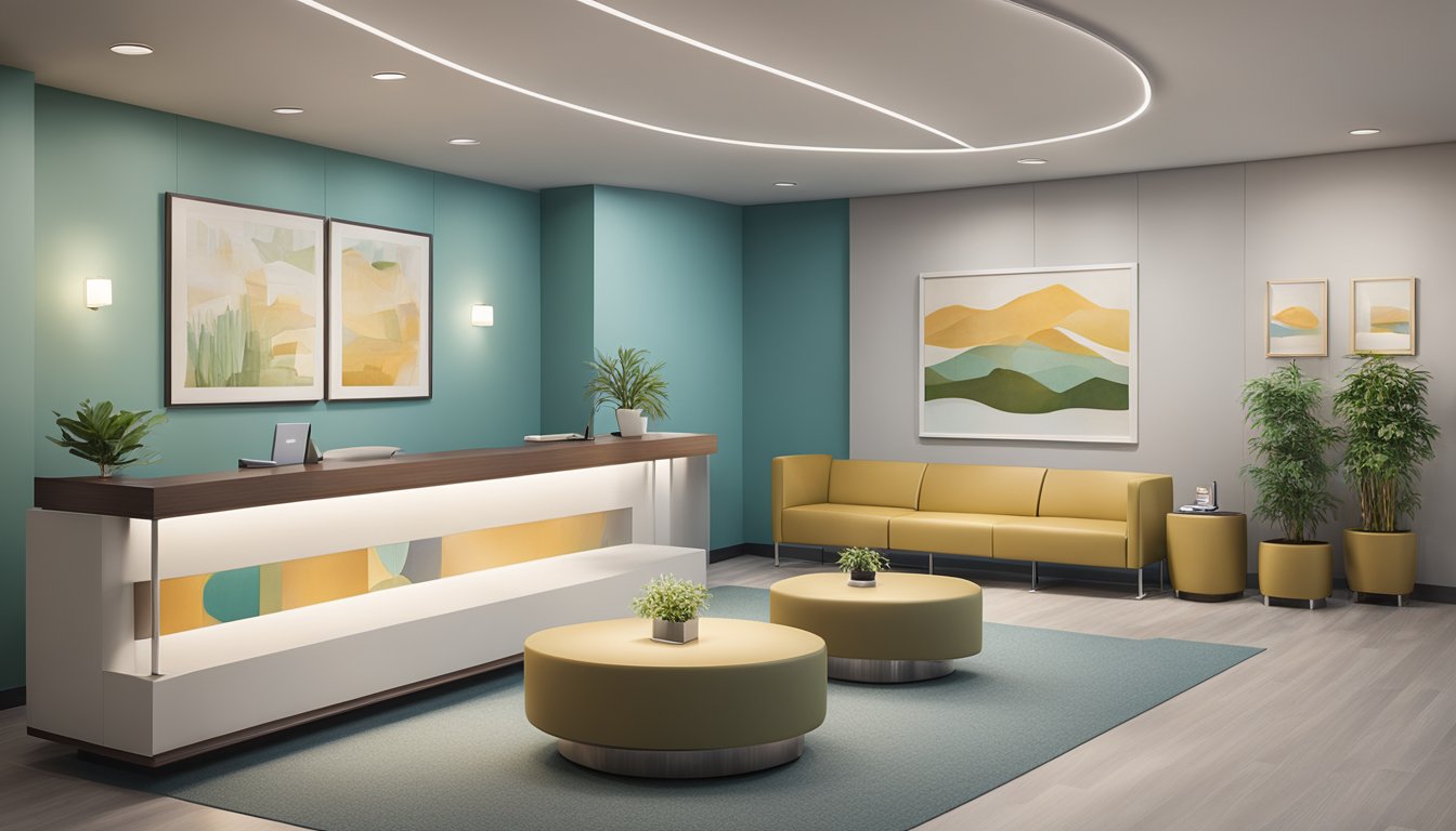 A modern medical concierge office with sleek furniture, a reception desk, and a waiting area with comfortable seating. The walls are adorned with health-related artwork and the space exudes a sense of calm and professionalism