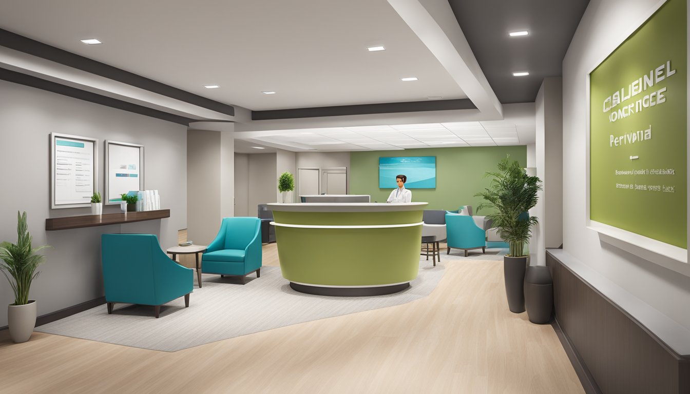 A modern medical concierge office with a sleek reception desk, comfortable seating, and a calming color scheme. The walls are adorned with framed positive customer reviews and the logo of the company
