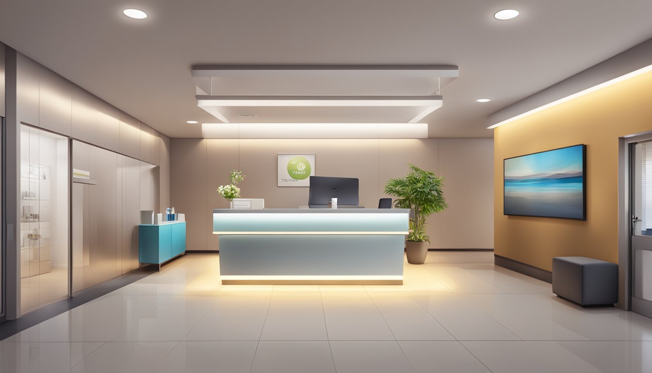 A modern medical concierge office with sleek design and warm lighting. A reception desk with contact info and opening hours displayed prominently