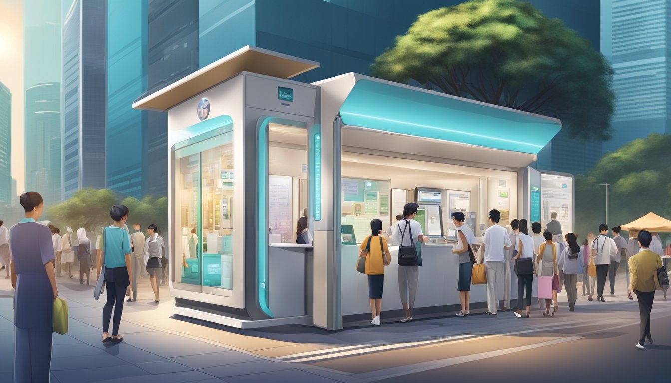 A sleek, modern medical concierge kiosk stands in a bustling Singapore city center, surrounded by a diverse mix of people and buildings