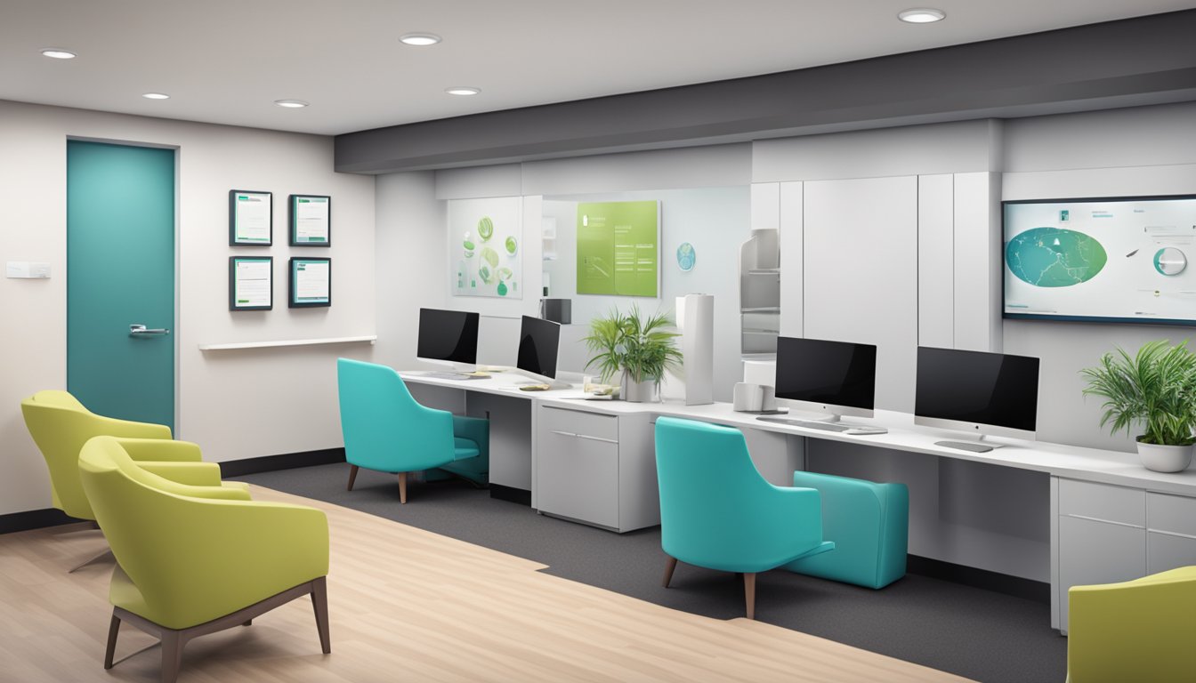 A modern medical concierge office with sleek technology and a welcoming atmosphere. The space is clean and organized, with state-of-the-art equipment and comfortable seating