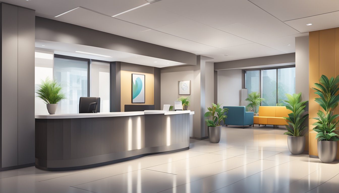 A sleek, modern medical concierge office with a welcoming reception area, comfortable seating, and professional staff assisting patients