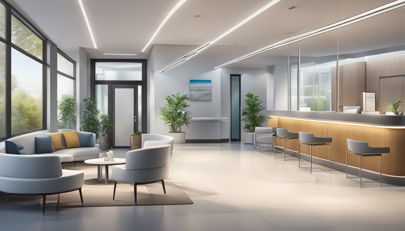 A sleek and modern medical concierge office with a welcoming reception area, comfortable seating, and a professional staff assisting patients