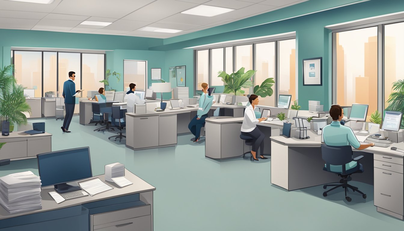 A bustling medical concierge office with staff assisting clients, organizing paperwork, and answering phones