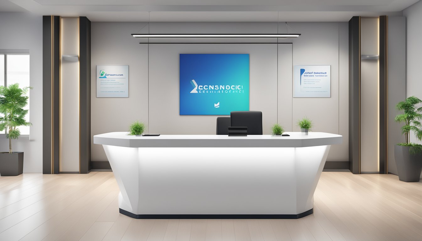 A modern reception desk with a sleek design, displaying the company name and contact information. The space is well-lit and inviting, with a sign indicating the opening hours