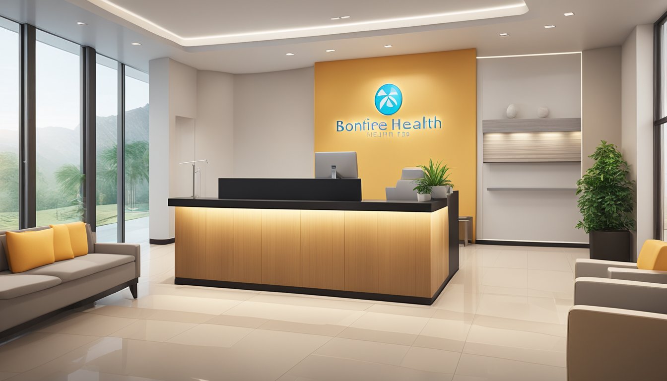 A modern medical concierge office with a sleek reception desk, comfortable seating, and a warm, inviting atmosphere. The logo "Bonfire Health Pte. Ltd" is prominently displayed on the wall