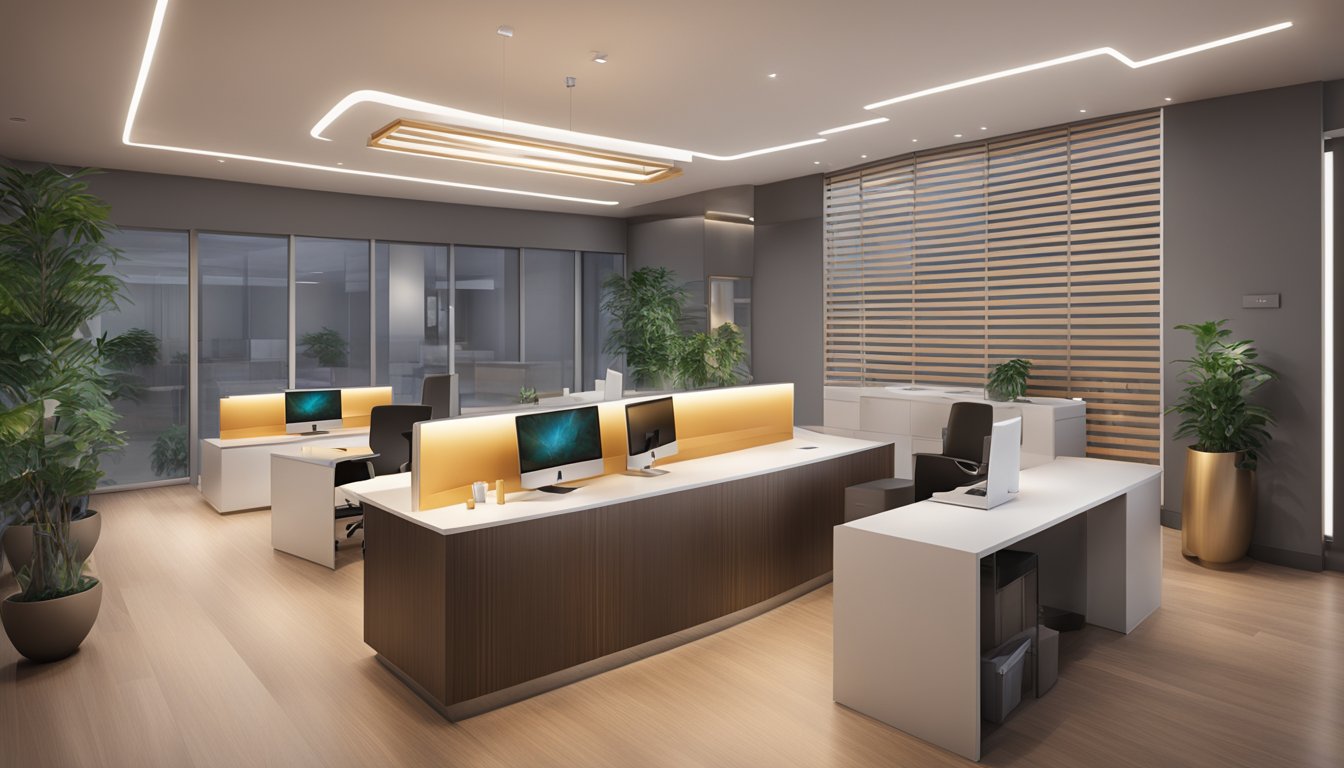 A modern medical concierge office with sleek design and warm lighting, featuring a logo of Bonfire Health Pte. Ltd