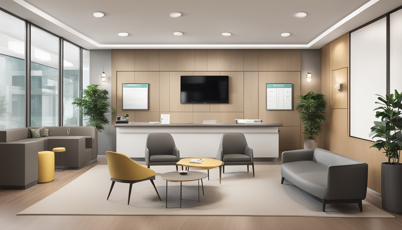 A modern medical concierge office with sleek furniture and a welcoming reception area. The logo "Bonfire Health Pte. Ltd" is prominently displayed
