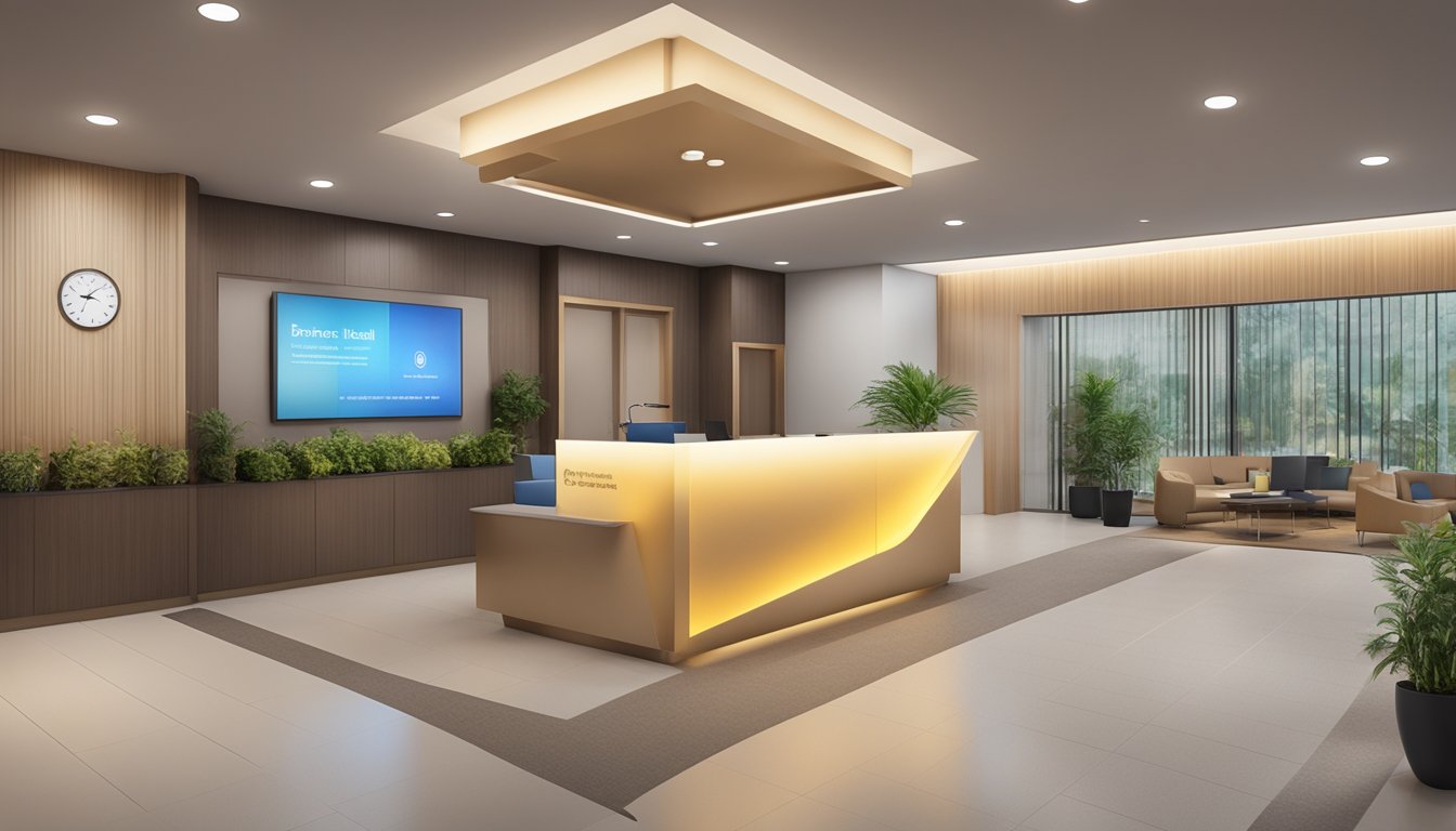 A modern medical concierge office with sleek design, warm lighting, and a welcoming reception area. The company name "Bonfire Health Pte. Ltd" is prominently displayed, along with contact information and opening hours