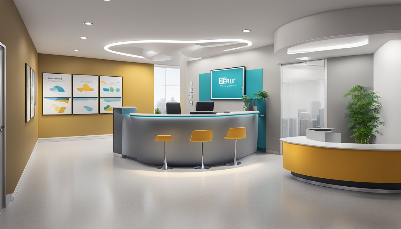A modern medical concierge office with sleek furniture, a reception desk, and a logo prominently displayed on the wall