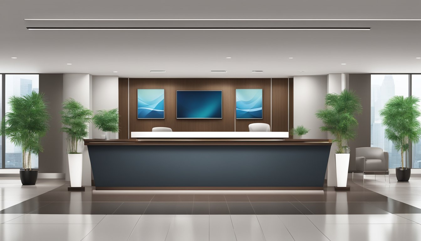 A modern office lobby with sleek furniture, a reception desk, and a logo prominently displayed. The space exudes professionalism and sophistication
