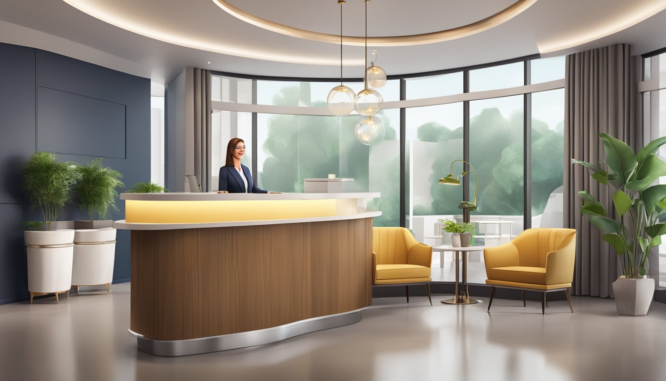 A luxurious medical concierge office with modern decor and comfortable seating. A receptionist greets clients with a warm smile