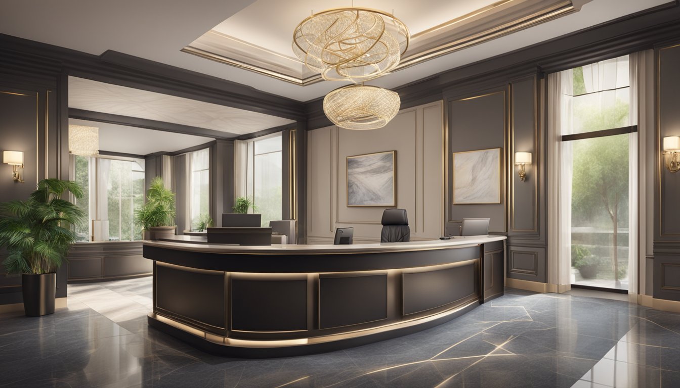 A luxurious medical concierge office with modern decor and comfortable seating. A receptionist greets clients at the front desk