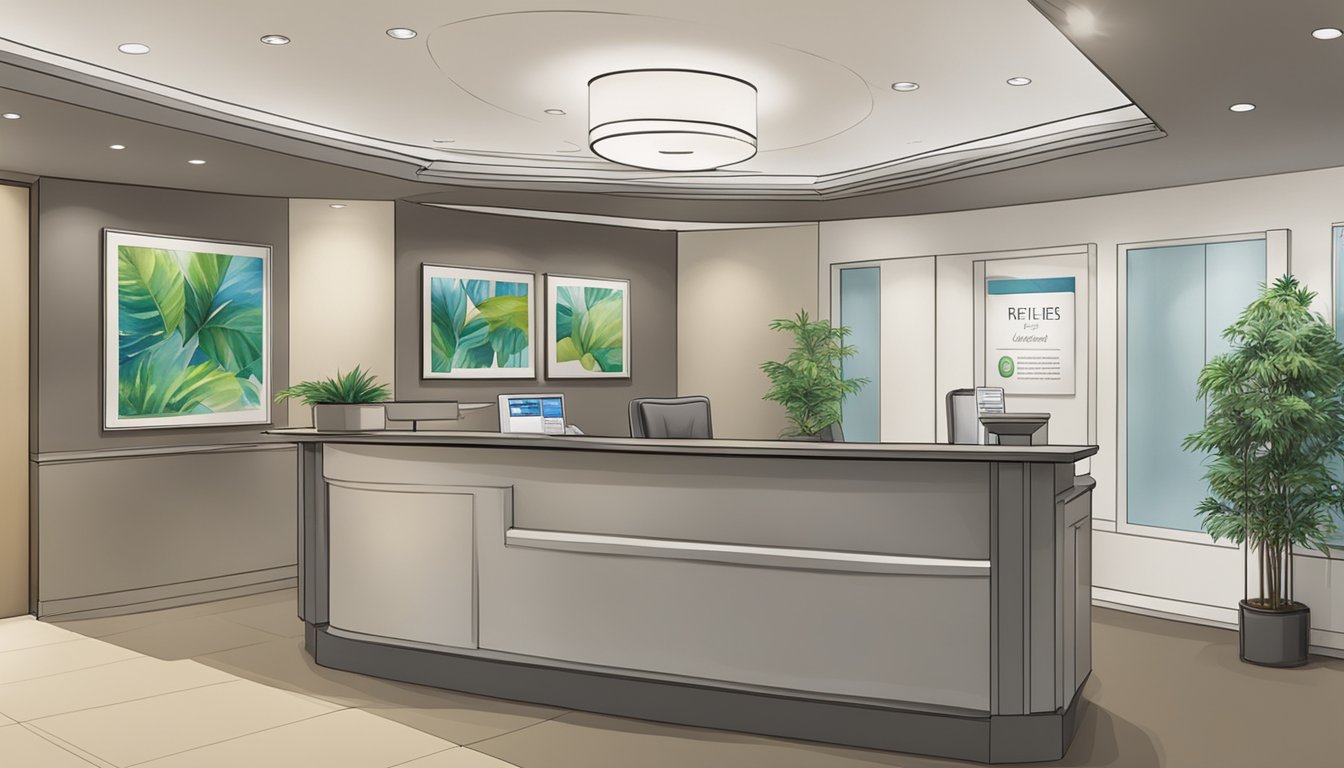 The scene shows a modern medical concierge office with sleek furniture and a welcoming reception area. The sign "Raffles Provident LLP" is prominently displayed, along with the contact information and opening hours