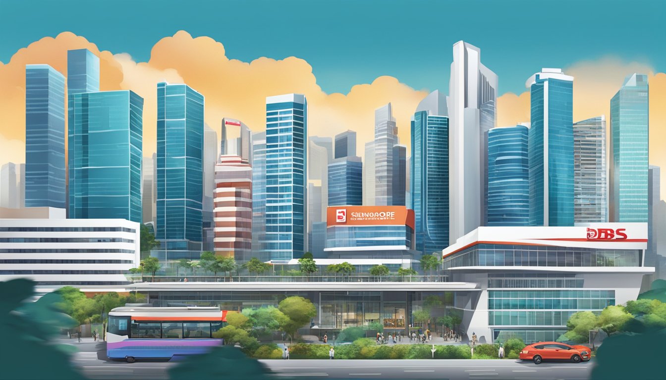 A bustling Singapore cityscape with a prominent DBS Bank branch, showcasing a modern and professional atmosphere