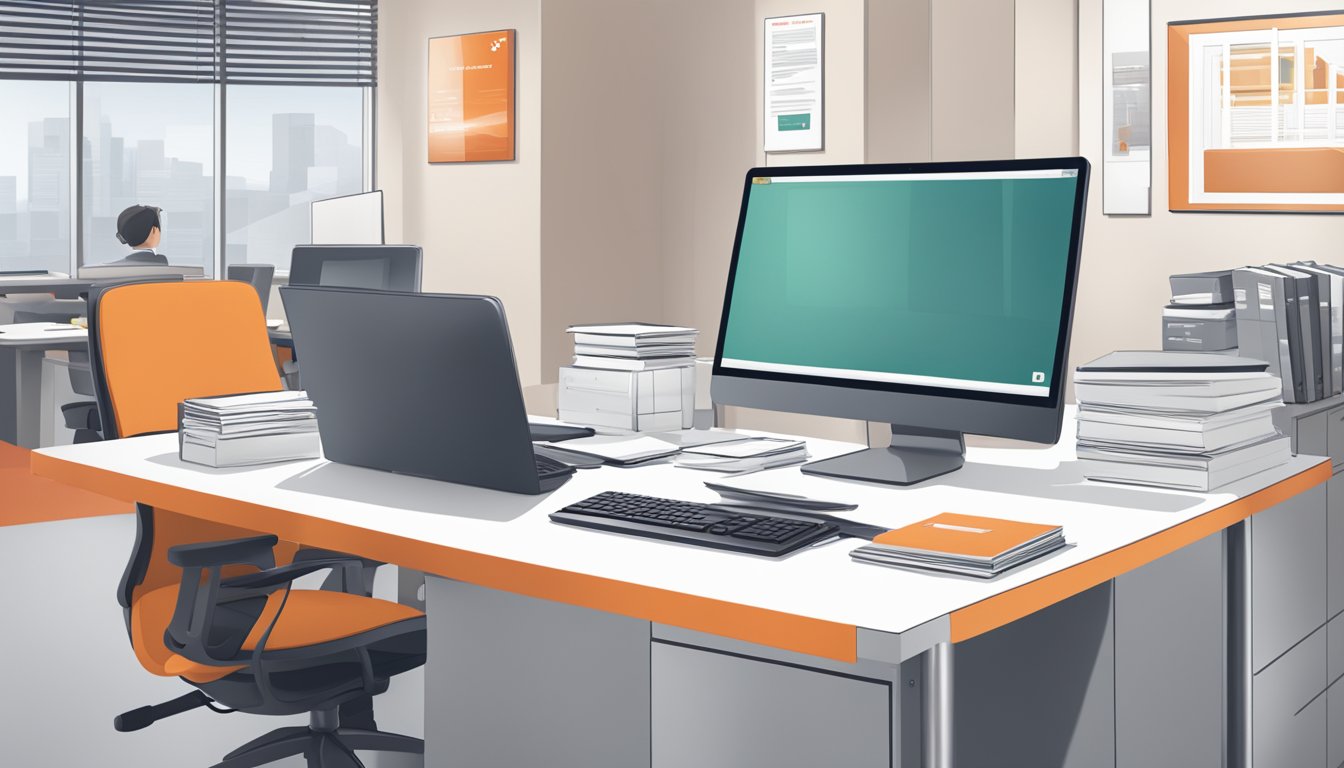 An office setting with a desk, computer, and paperwork showcasing DBS Bank Business Loan materials. The bank's logo prominently displayed