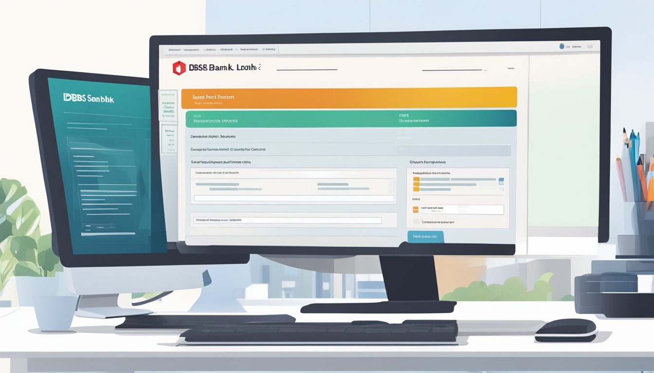 A DBS Bank Business Loan application form being reviewed by a bank officer, with eligibility criteria listed on a computer screen
