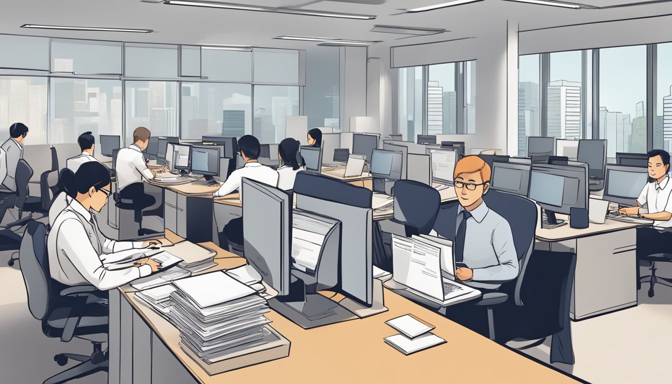 DBS Bank staff reviewing business loan applications in Singapore. Documents and computers on desks, employees discussing and analyzing