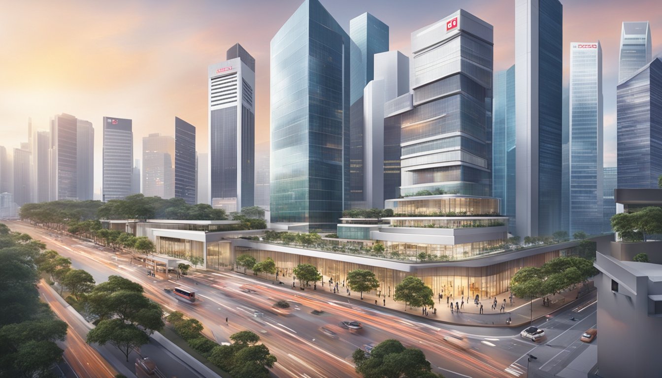 A bustling Singapore cityscape with DBS Bank's logo prominently displayed on a modern office building, surrounded by busy professionals and entrepreneurs