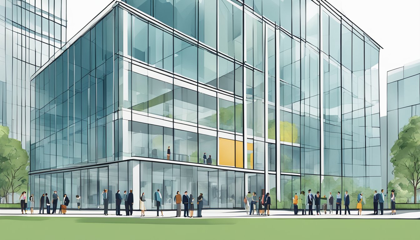 A group of business professionals stand in front of a large, modern office building, comparing notes and discussing the benefits of DBS Bank's business loan services