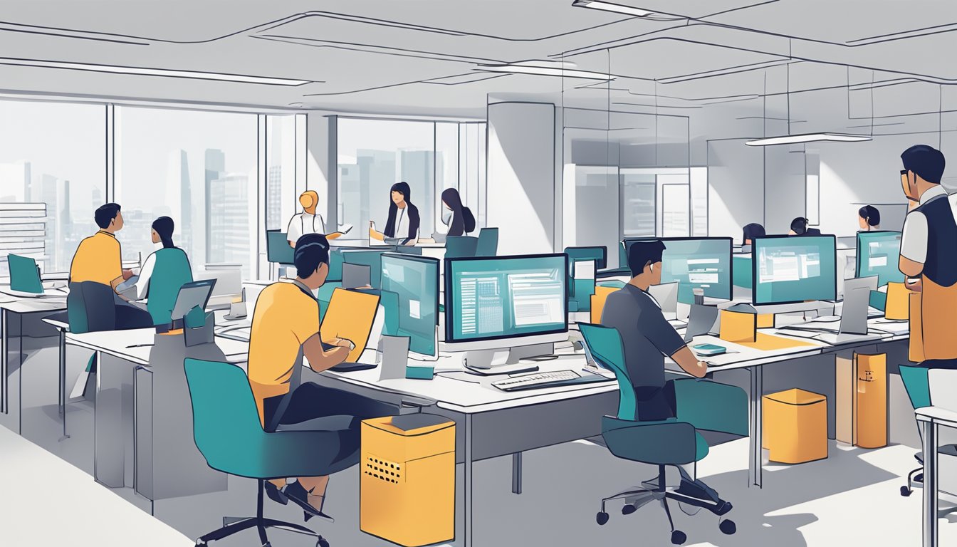 A busy office with people discussing and reviewing DBS Bank business loan FAQs in Singapore. Documents and computers are scattered on desks