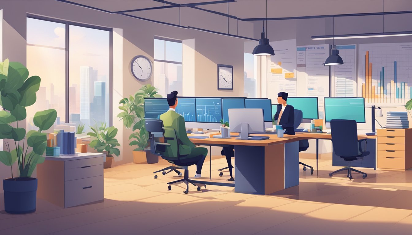 A busy office with people discussing business loans, a stack of documents and a computer on a desk. Financial charts and graphs on the walls