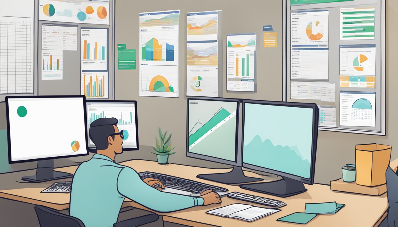 A business owner sits at a desk, reviewing MoneySmart.sg on a computer screen. Charts and graphs are displayed, showing loan options and interest rates