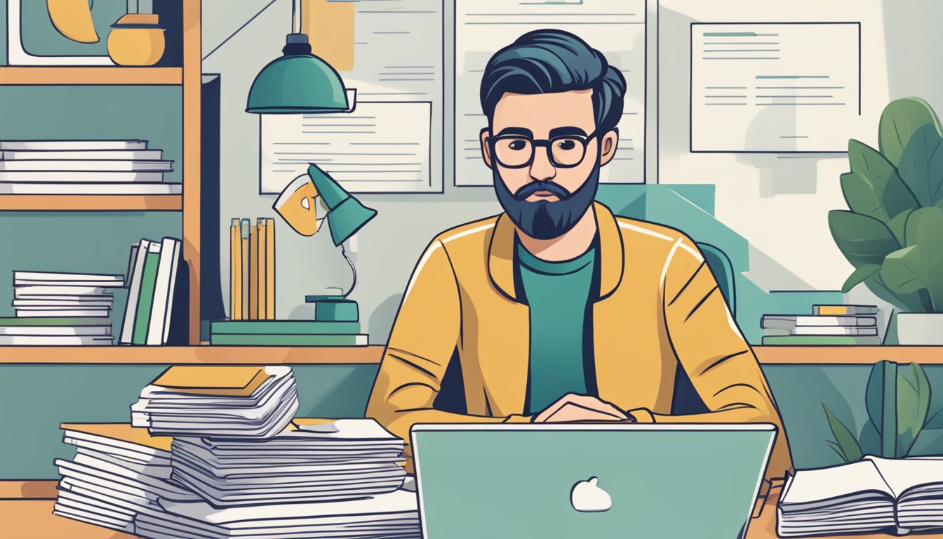 A person sits at a desk, surrounded by paperwork and a laptop. They are comparing loan offers on the MoneySmart.sg website, with a focused expression