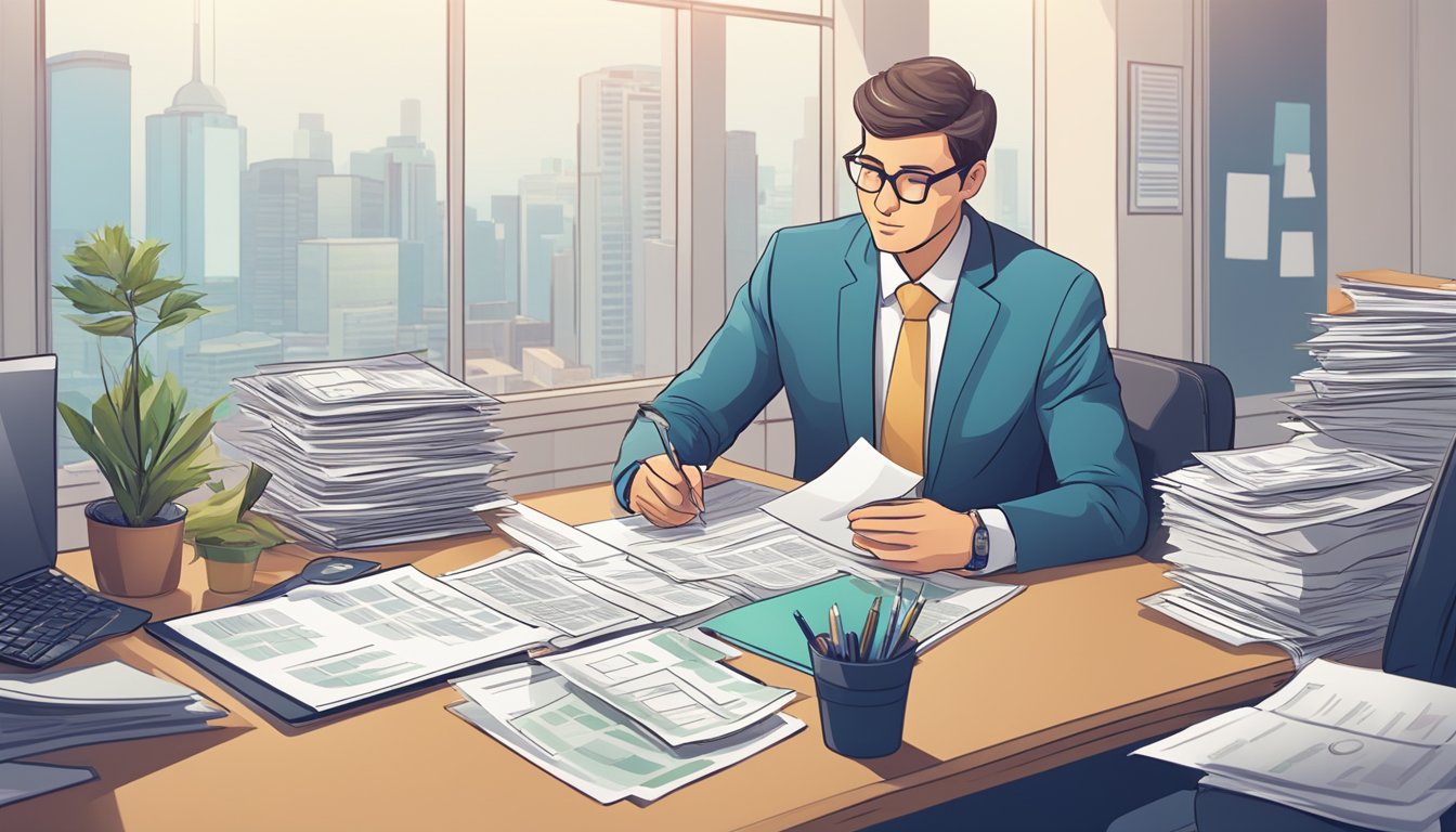 A business owner sits at a desk, surrounded by financial documents. A bank representative reviews their loan eligibility criteria