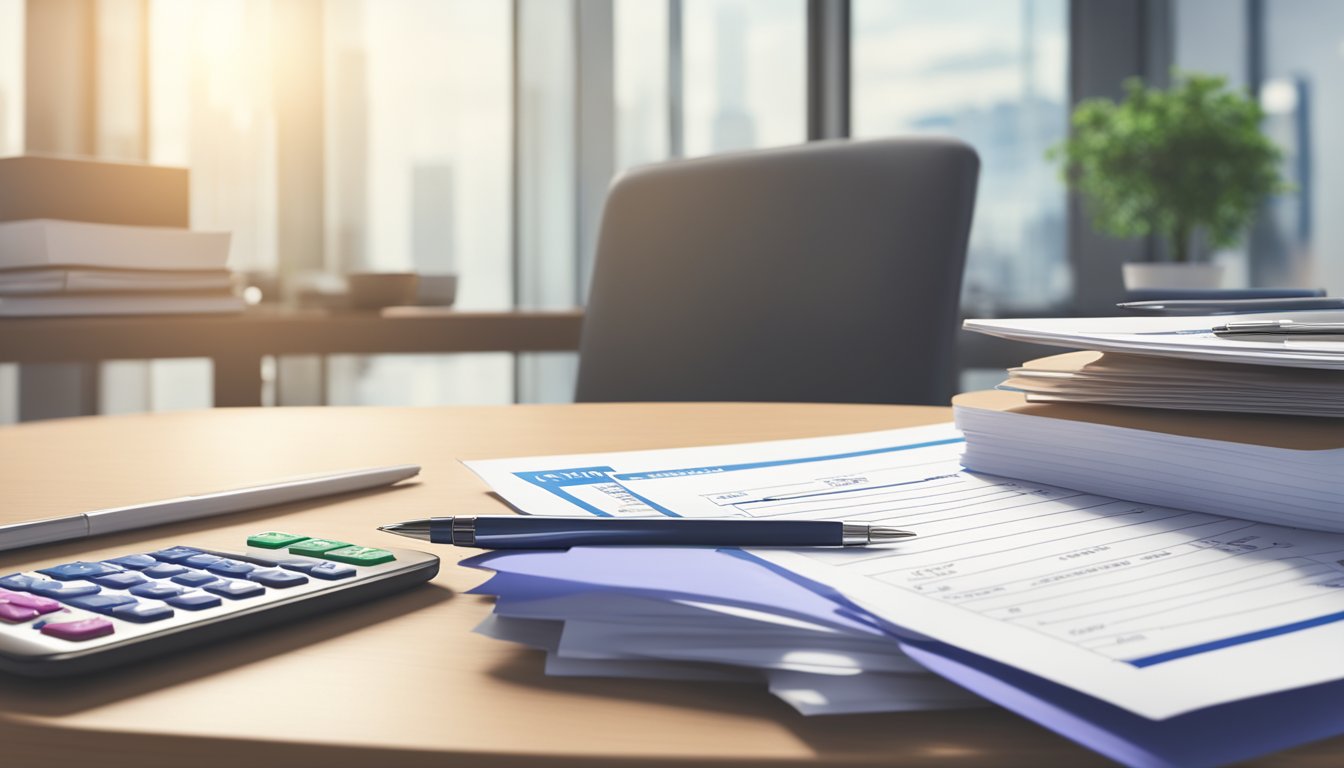 A stack of business loan application forms on a desk with a pen and calculator. MoneySmart.sg logo in the background