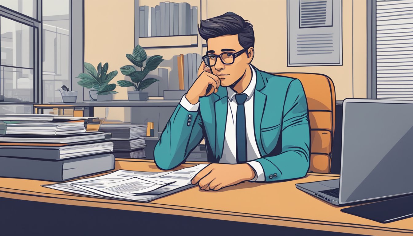 A business owner sits at a desk, surrounded by paperwork and a laptop. They are deep in thought, with a determined expression as they research business loan options