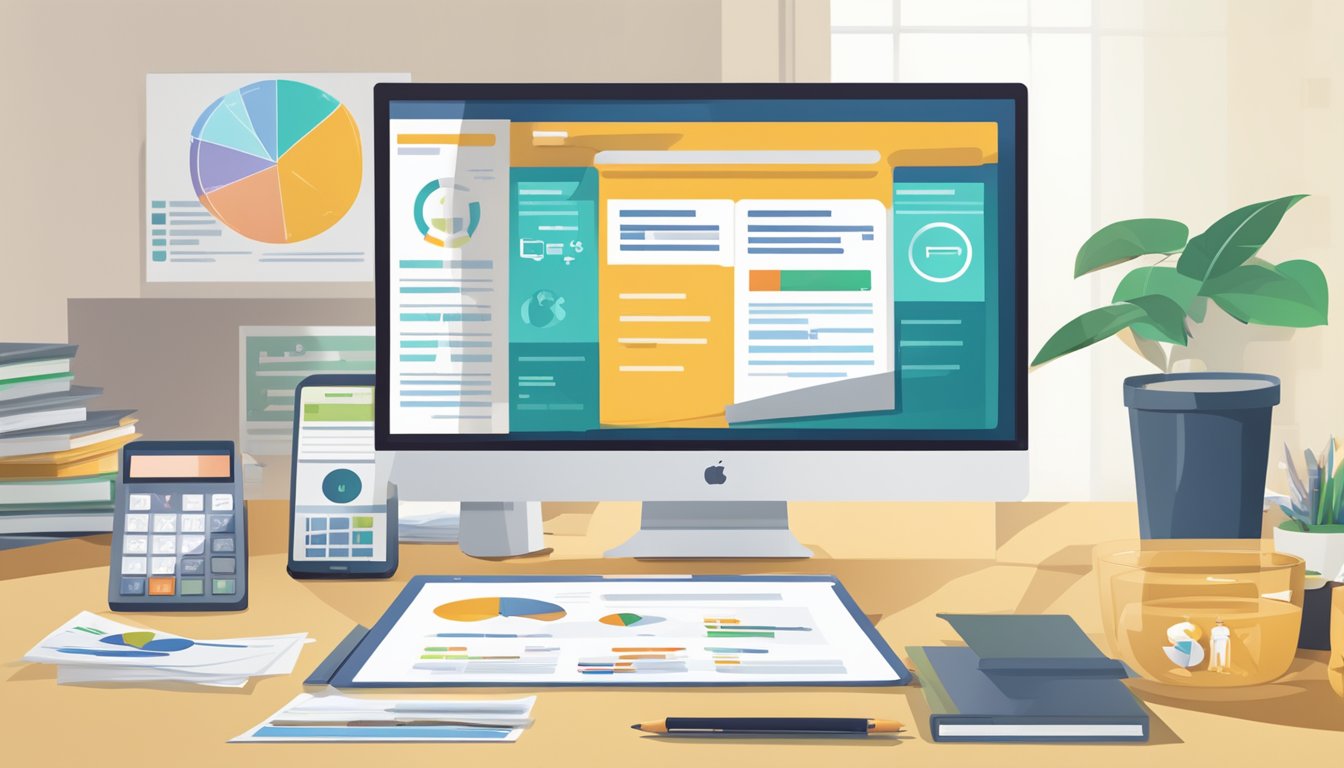 A stack of business loan documents on a desk, surrounded by financial charts and graphs, with a computer displaying the MoneySmart.sg website