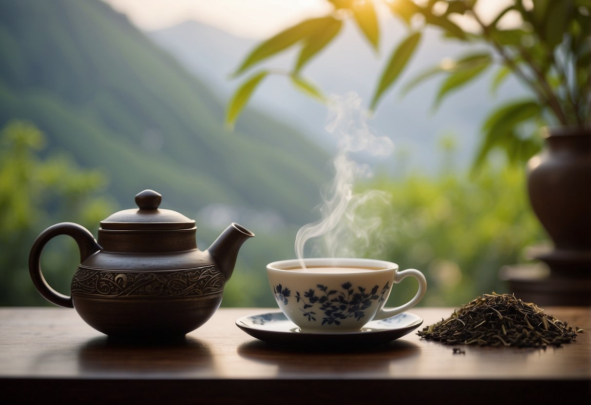 A steaming cup of Pu Erh tea surrounded by traditional Chinese herbs and a teapot, with a backdrop of a serene and peaceful environment