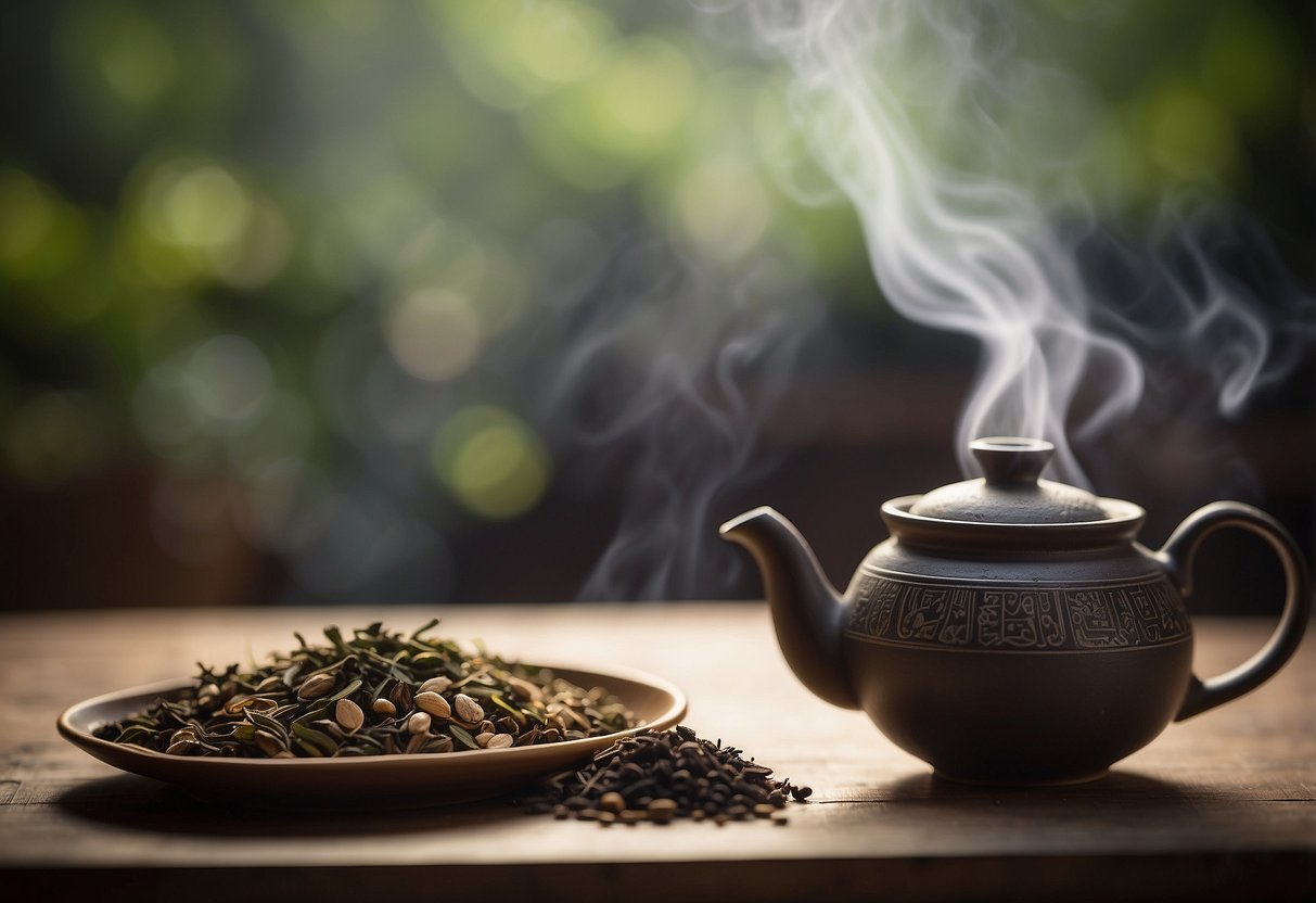 A serene scene of a steaming cup of Pu Erh tea surrounded by traditional Chinese medicine herbs, evoking a sense of balance and harmony