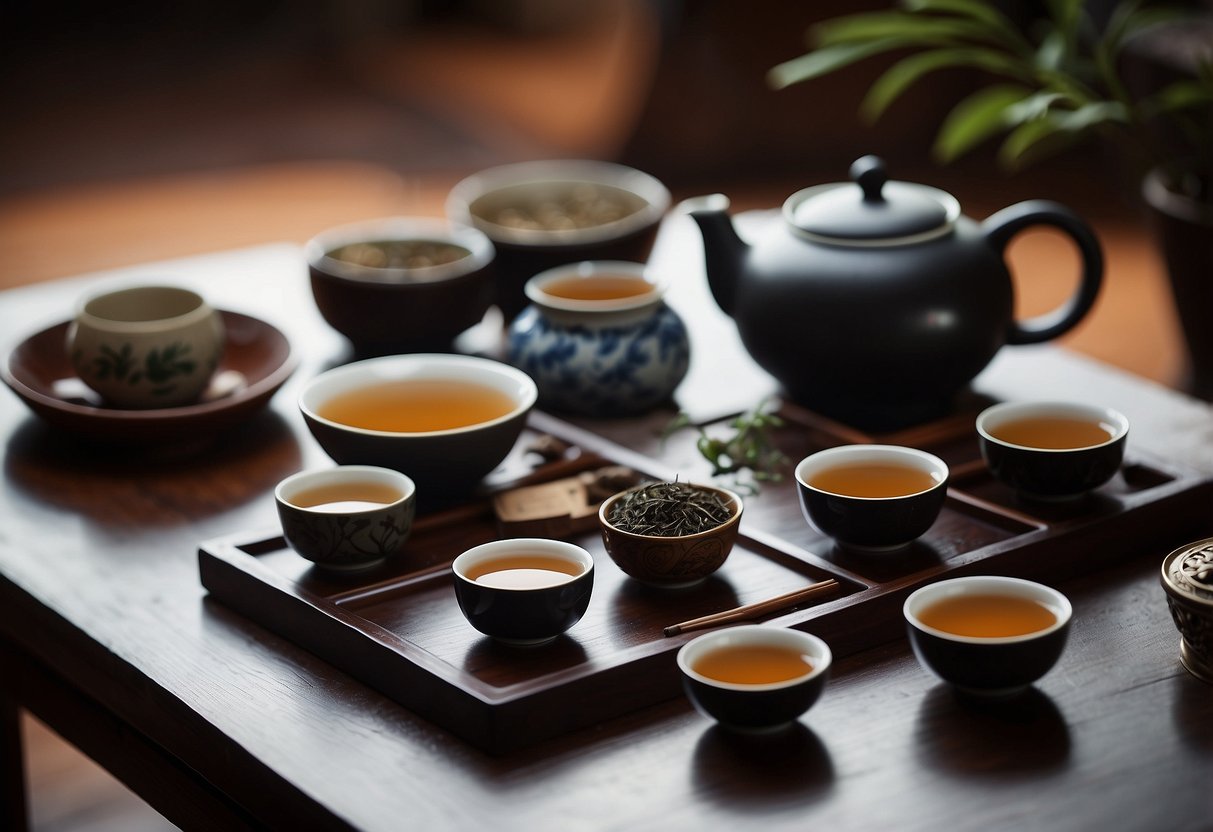 A tea ceremony table set with various types of Pu Erh tea, surrounded by traditional Chinese teaware and cultural artifacts