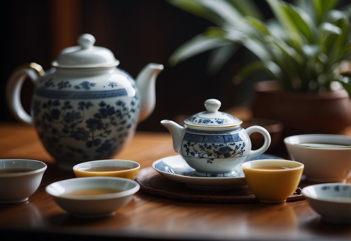 A traditional Chinese tea ceremony with Pu Erh tea, featuring a tea set, teapot, cups, and a serene ambiance