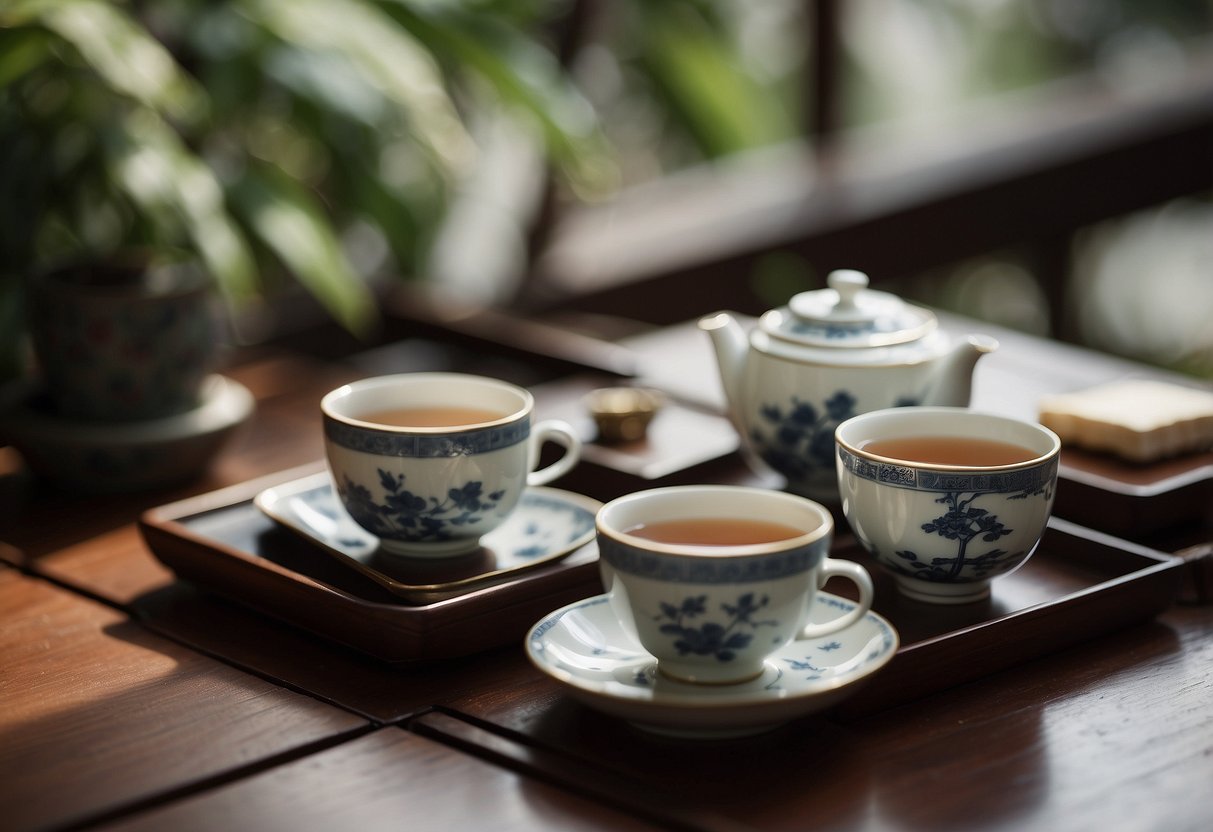 A traditional Chinese tea ceremony with Pu Erh tea set on a wooden table, surrounded by delicate porcelain teacups and a tranquil, serene atmosphere