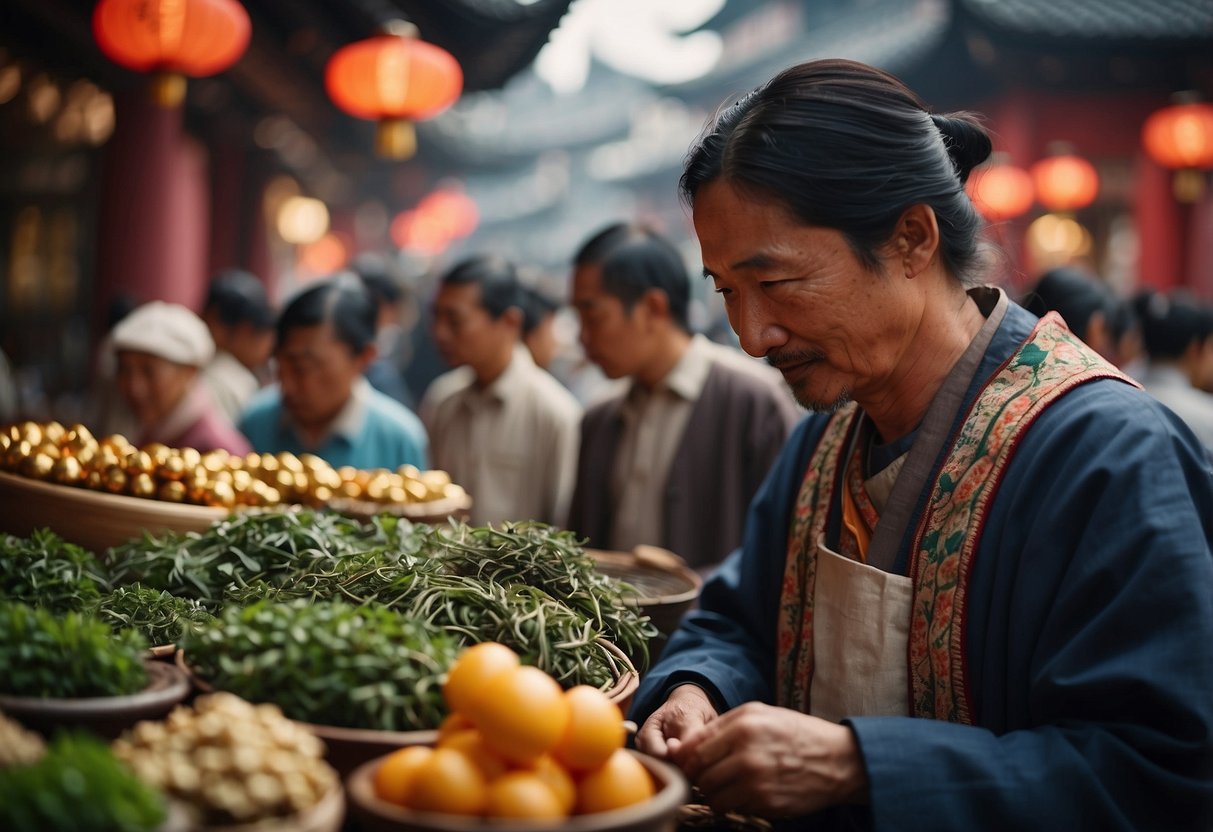 A bustling marketplace with merchants from different cultures trading Pu Erh tea, surrounded by traditional tea houses and adorned with colorful cultural symbols