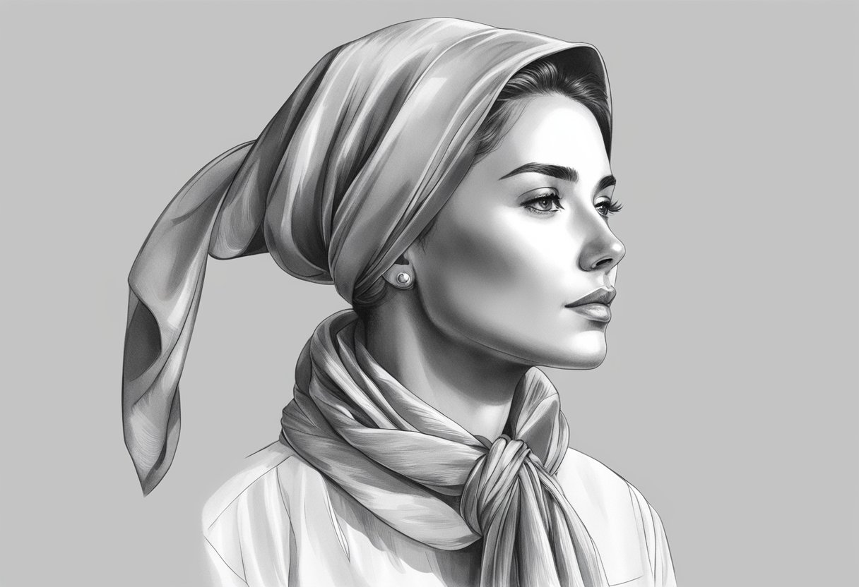 Silk scarf draped over head, tied at nape of neck