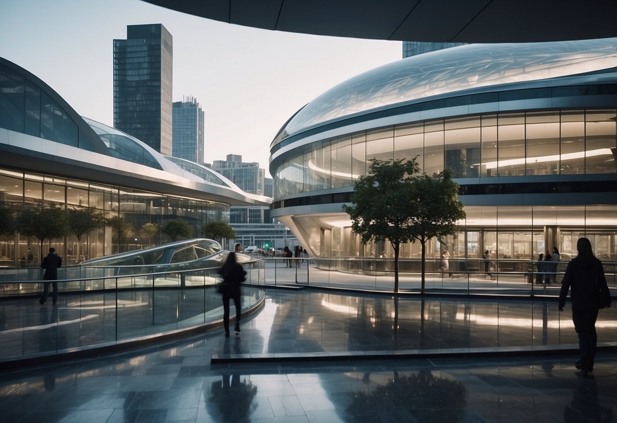 A futuristic central public procurement hub with modern architecture and bustling activity