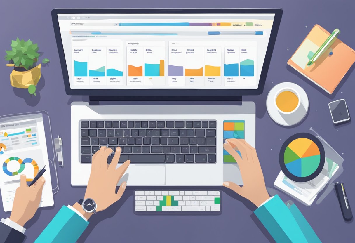 A computer screen displaying keyword research tools and traffic analytics charts. A person's hand typing on a keyboard