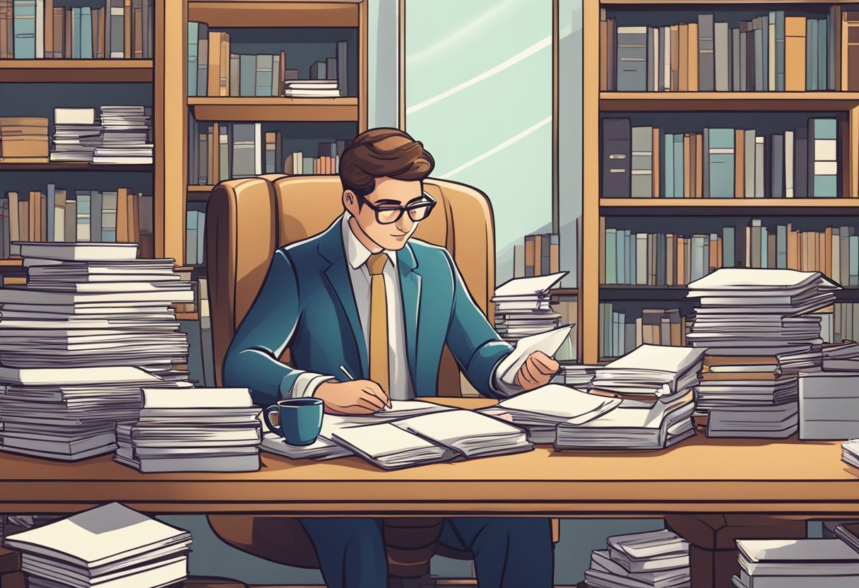 A person setting up a LLC with paperwork and computer, surrounded by books and legal documents