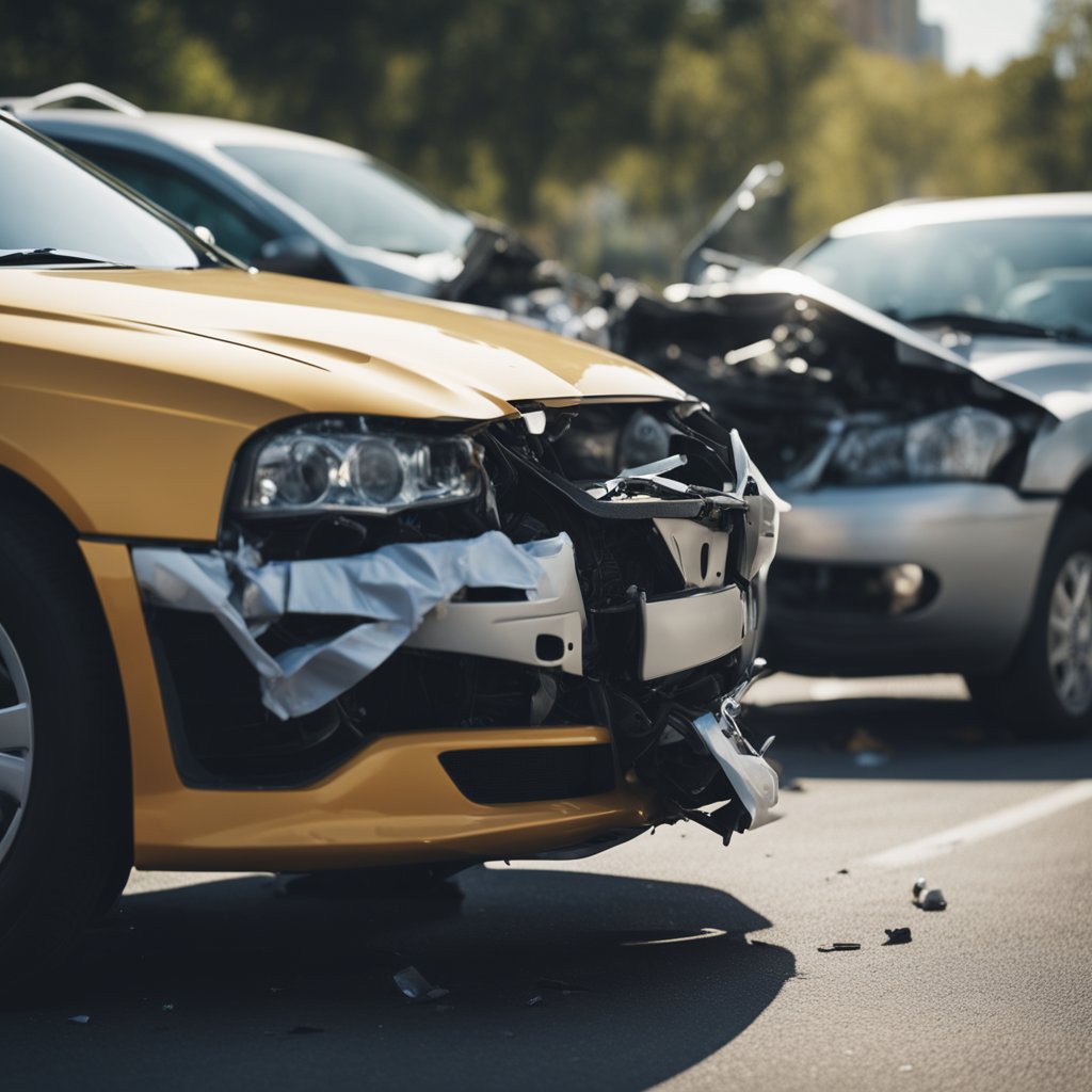 A car accident scene with two vehicles colliding, one with visible damage. Insurance agents and police are present, assessing the situation