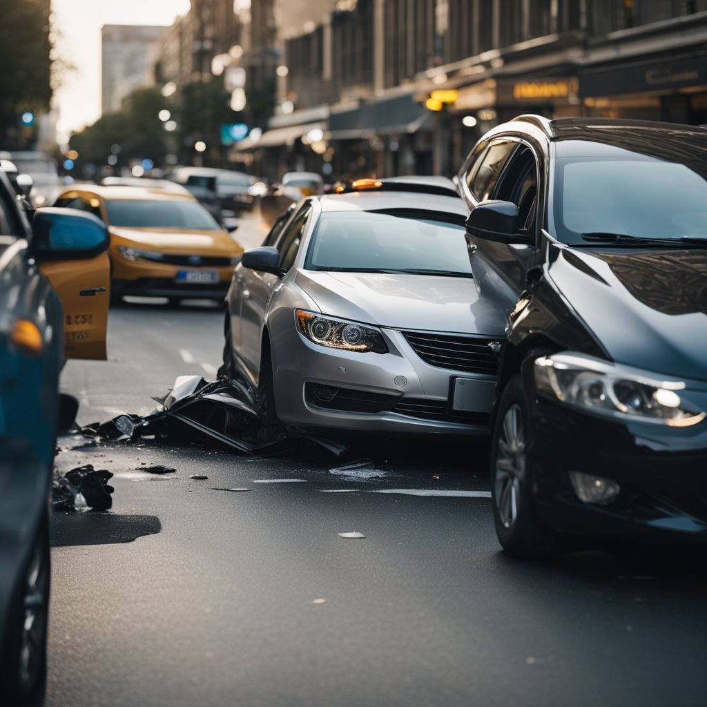 A car crashes into another vehicle on a busy street, causing damage. Police and insurance agents assess the scene