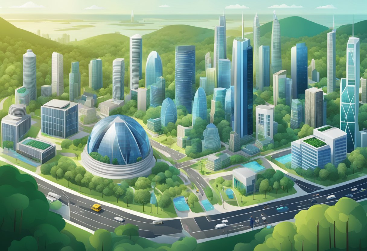 A bustling financial district with skyscrapers and digital screens displaying pension fund data, surrounded by lush green landscapes and iconic Australian landmarks